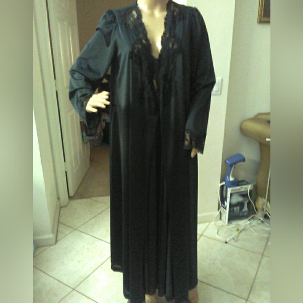 VINTAGE 1980s LORRAINE LINGERIE SET Luxurious Black Lace MAXI W/ ROBE PTP 15-19 - Picture 16 of 16